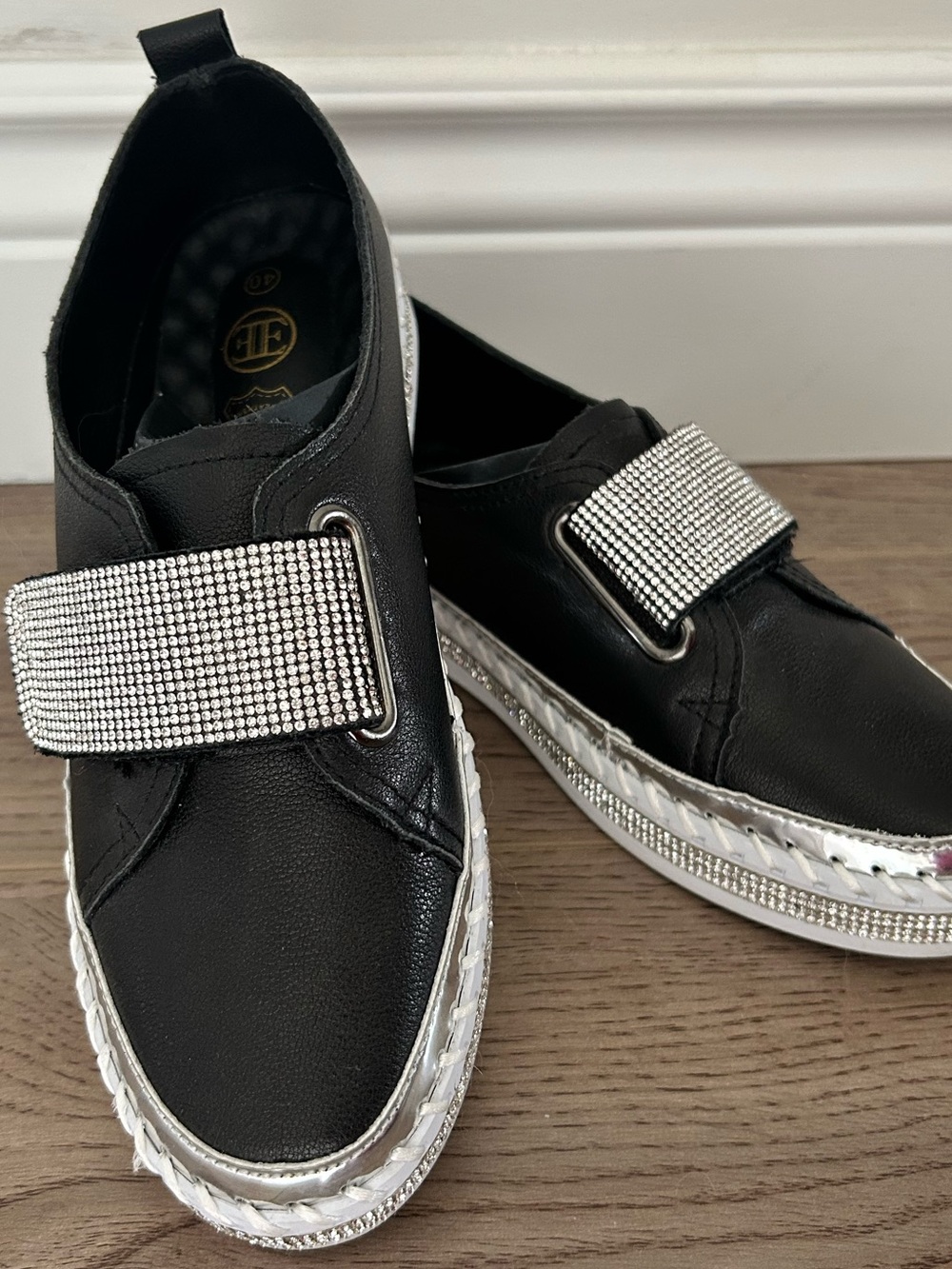 Little Empress Black Euro 40 Rhinestone Velcro Strap 100% Leather Cushion Sole